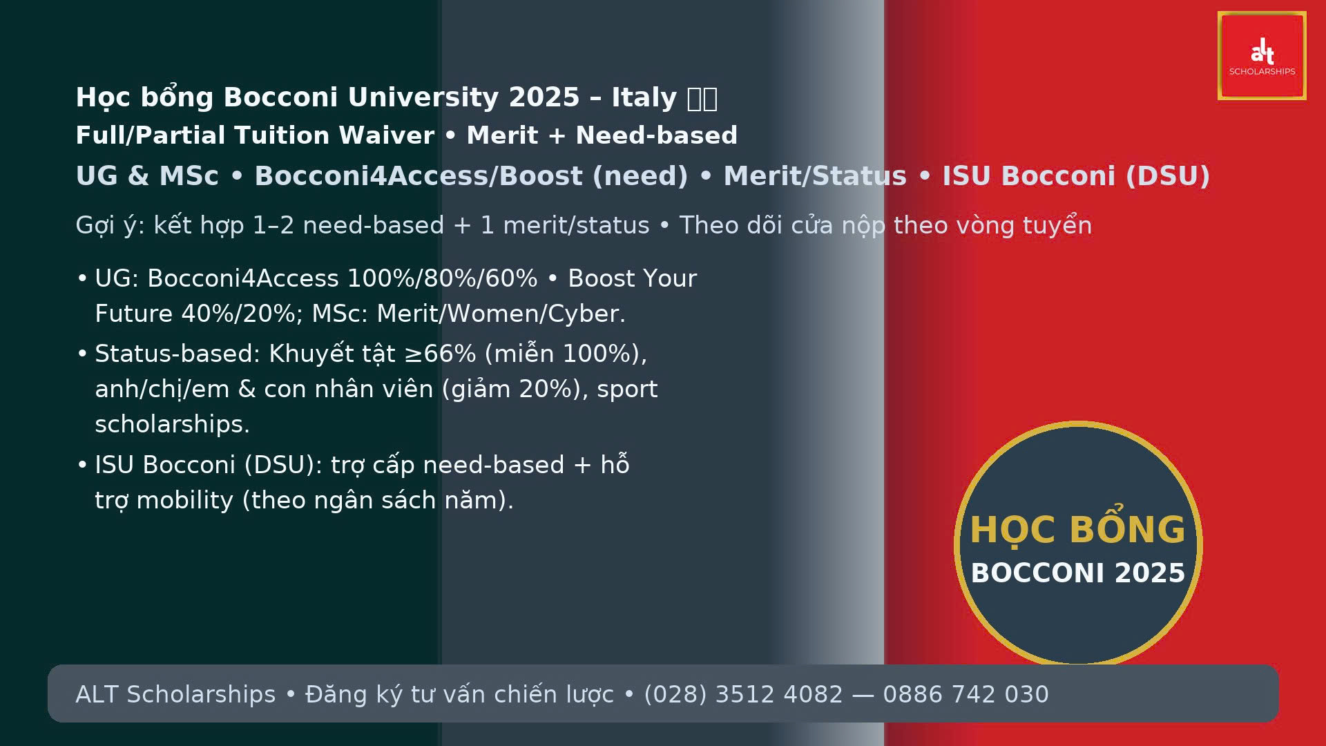 HỌC BỔNG BOCCONI UNIVERSITY 2025 TẠI Ý – FULL/PARTIAL TUITION WAIVER CHO CỬ NHÂN & THẠC SĨ