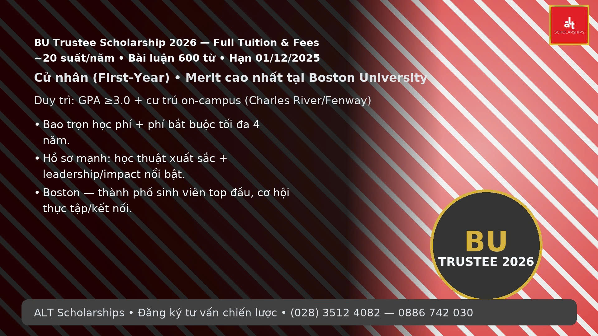 BOSTON UNIVERSITY TRUSTEE SCHOLARSHIP 2026 – FULL TUITION & FEES CHO SINH VIÊN QUỐC TẾ