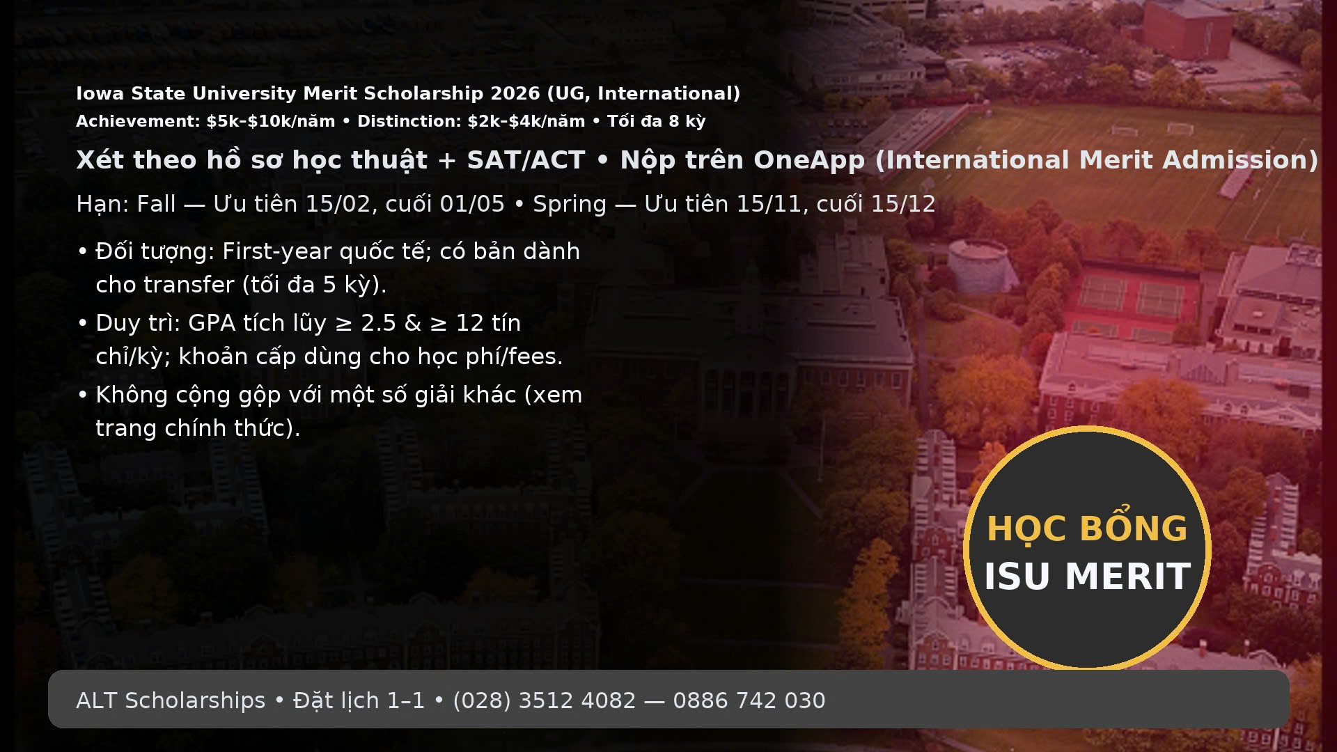 HỌC BỔNG CỬ NHÂN CHO SINH VIÊN QUỐC TẾ TỪ IOWA STATE UNIVERSITY (ISU) – INTERNATIONAL MERIT SCHOLARSHIP 2026