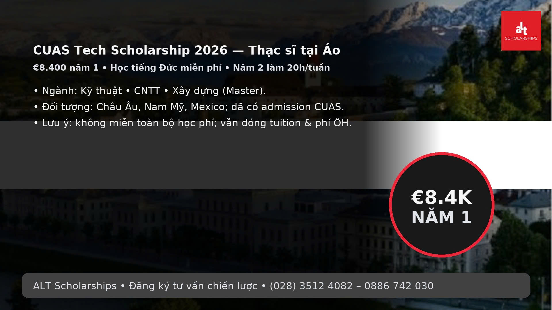 HỌC BỔNG CUAS TECH SCHOLARSHIP 2026 (Áo) — THẠC SĨ KỸ THUẬT/IT/XÂY DỰNG