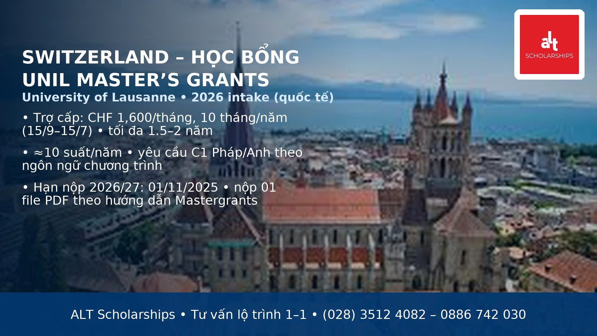 Học bổng Thạc sĩ Đại học Lausanne – UNIL 2026 (Thụy Sĩ)