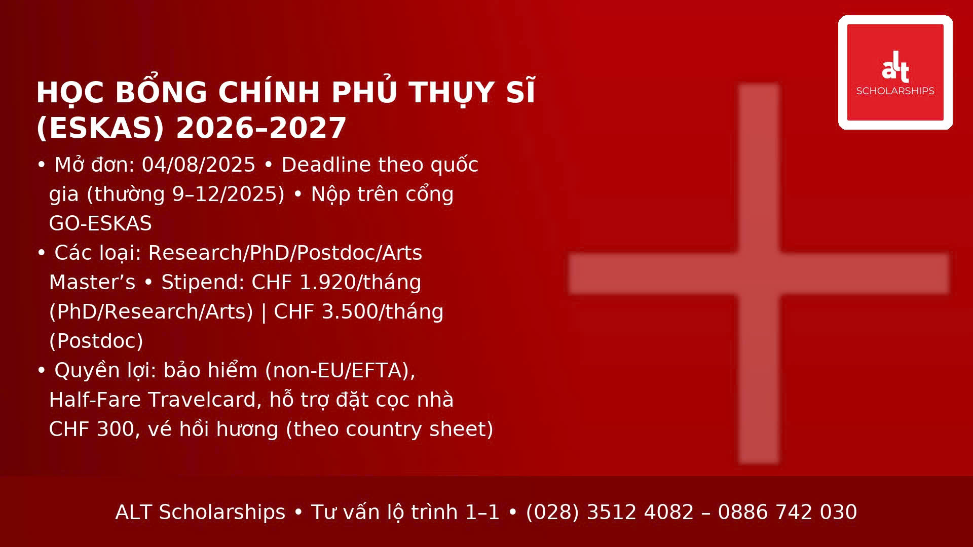 Học Bổng Chính Phủ Thụy Sĩ 2026–2027