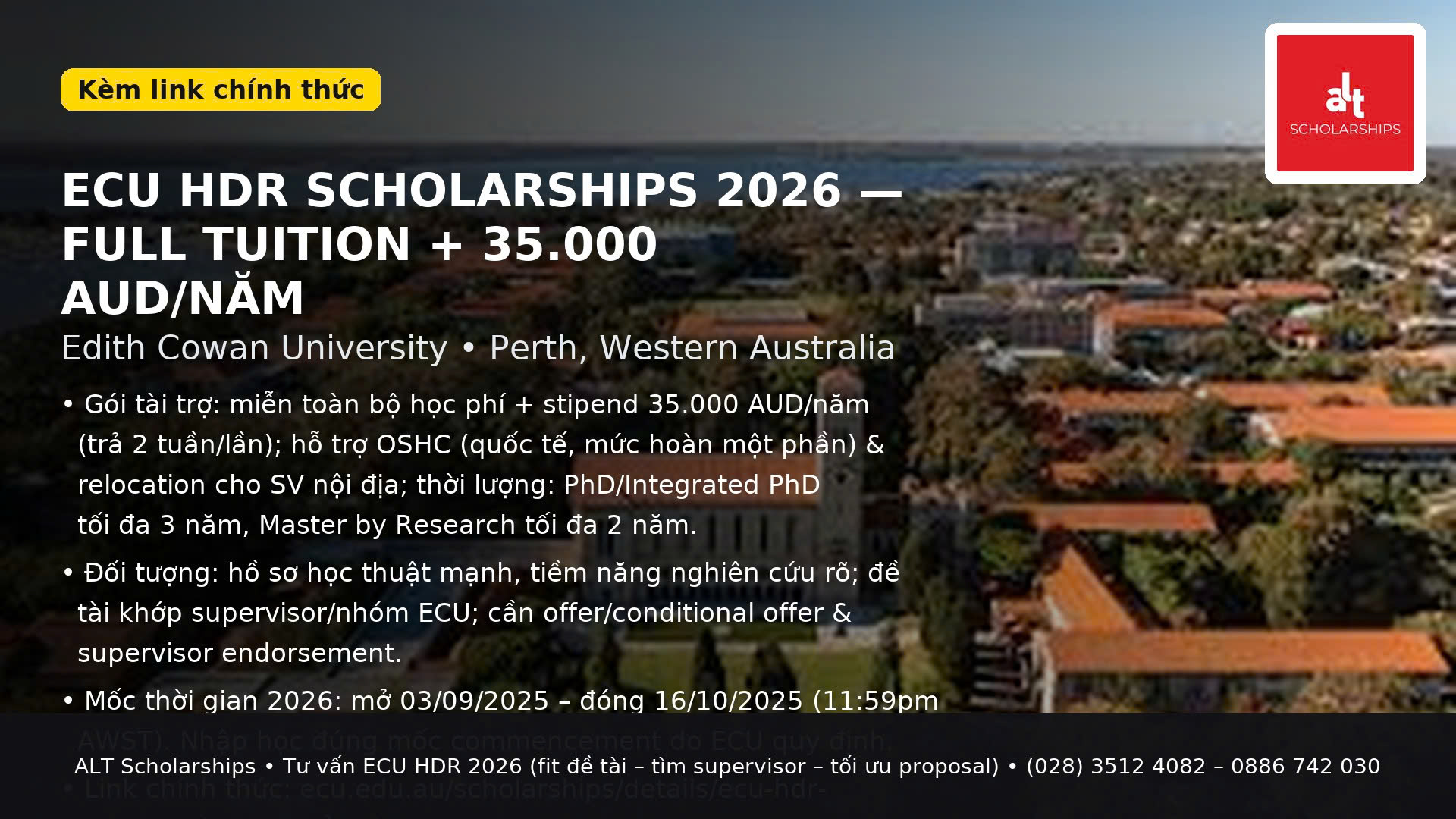Học Bổng Đại Học Tây Úc: ECU Higher Degree By Research (HDR) 2026 — Western Australia