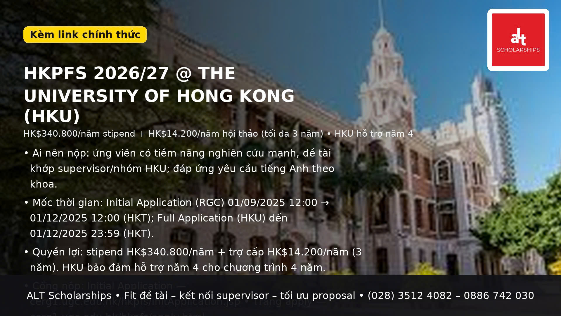 Học Bổng Tiến Sĩ Đại Học Hong Kong (HKPFS) 2026/27 —The University of Hong Kong (HKU)