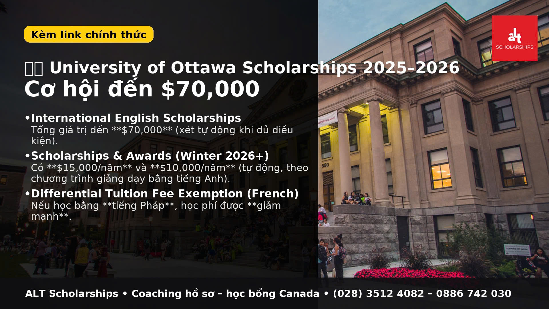 Học Bổng Sau Đại Học Tại ĐH OTTAWA – Cơ Hội Đến $70,000 + Học Phí Giảm Sâu Cho Diện Tiếng Pháp