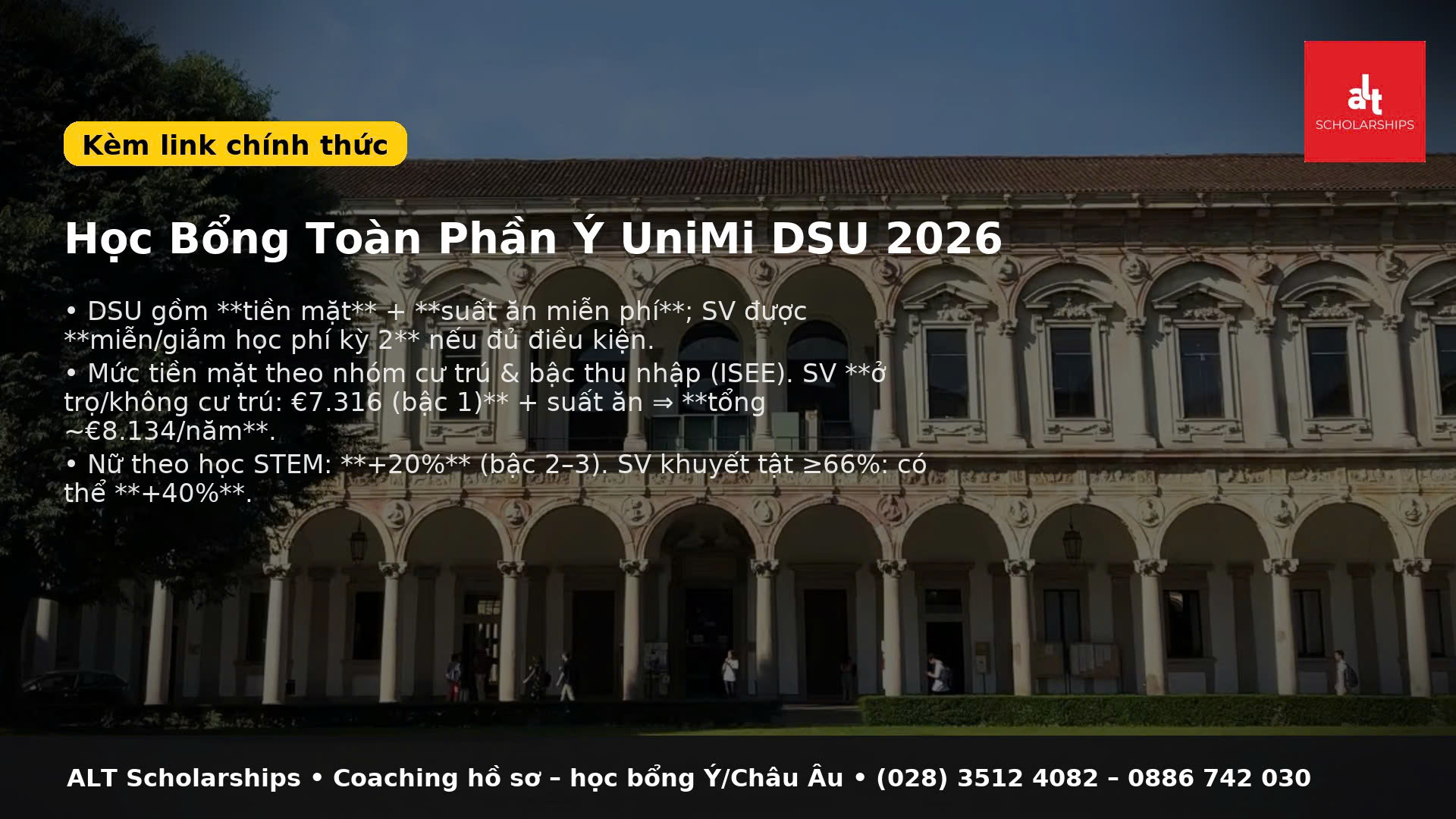 Học Bổng Toàn Phần Ý DSU UniMi: Hướng dẫn ứng tuyển cho học sinh & SV Việt Nam