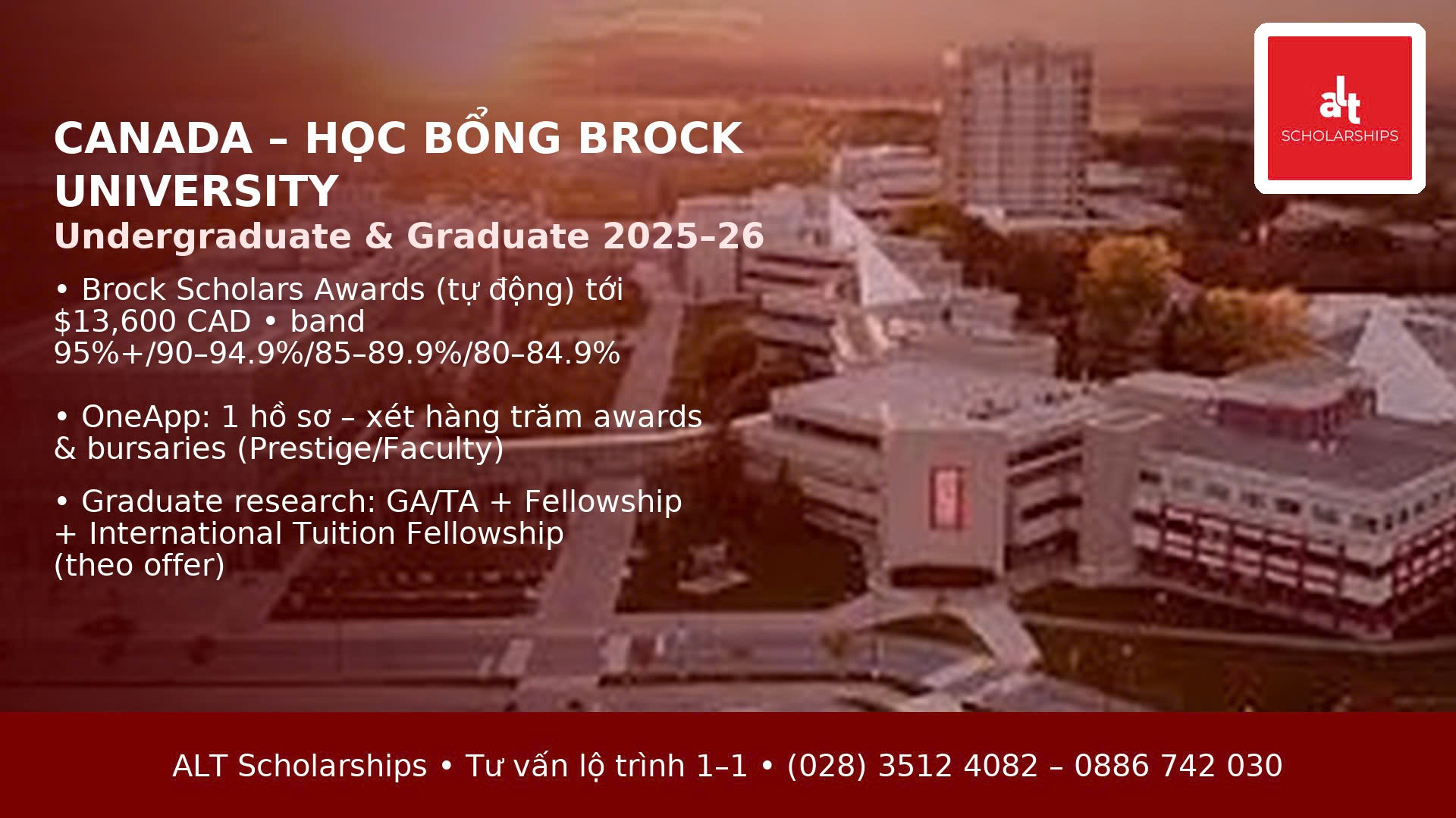 Học bổng Brock University 2025–2026 (Canada): Cử nhân & Sau Đại học