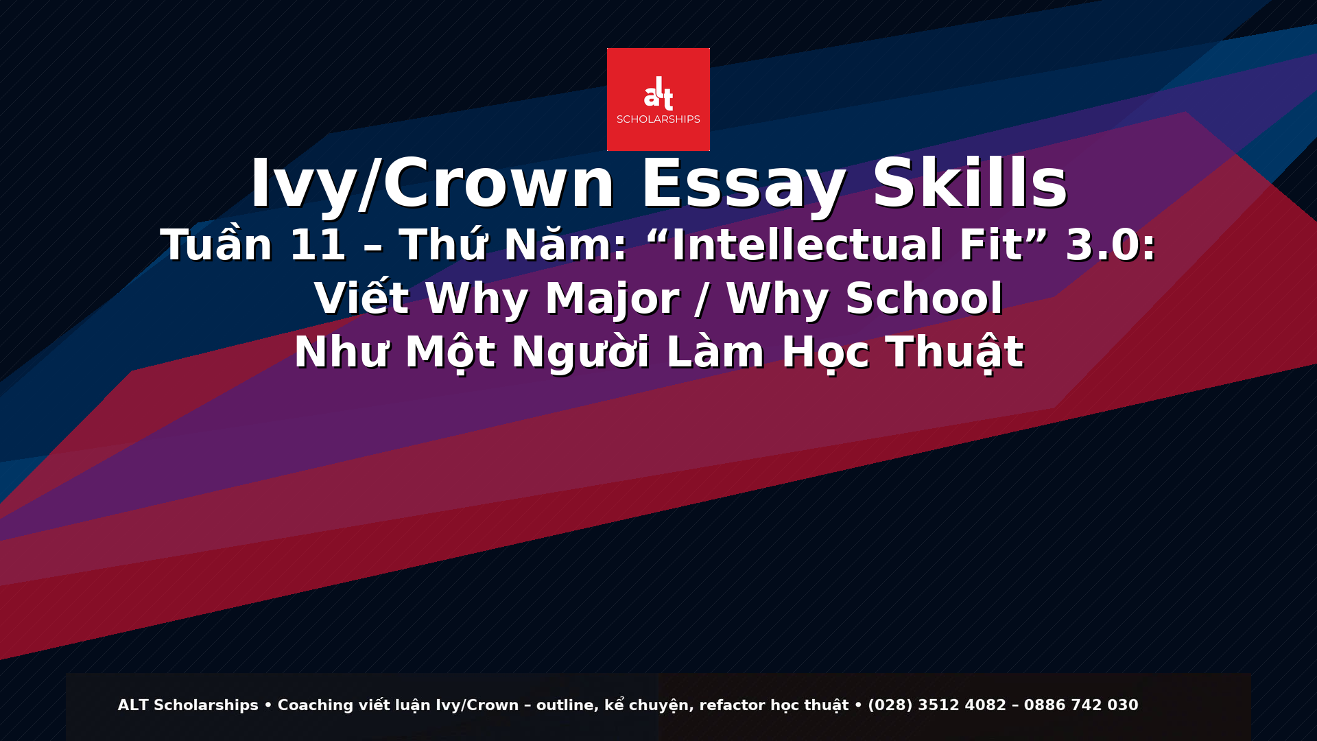 Ivy/Crown Essay Skills Tuần 11 – Thứ Năm  “Intellectual Fit” 3.0: Viết Why Major / Why School Như Một Người Làm Học Thuật (Question × Method × Evidence × Match) — Không Name-Dropping, Không PR Trường