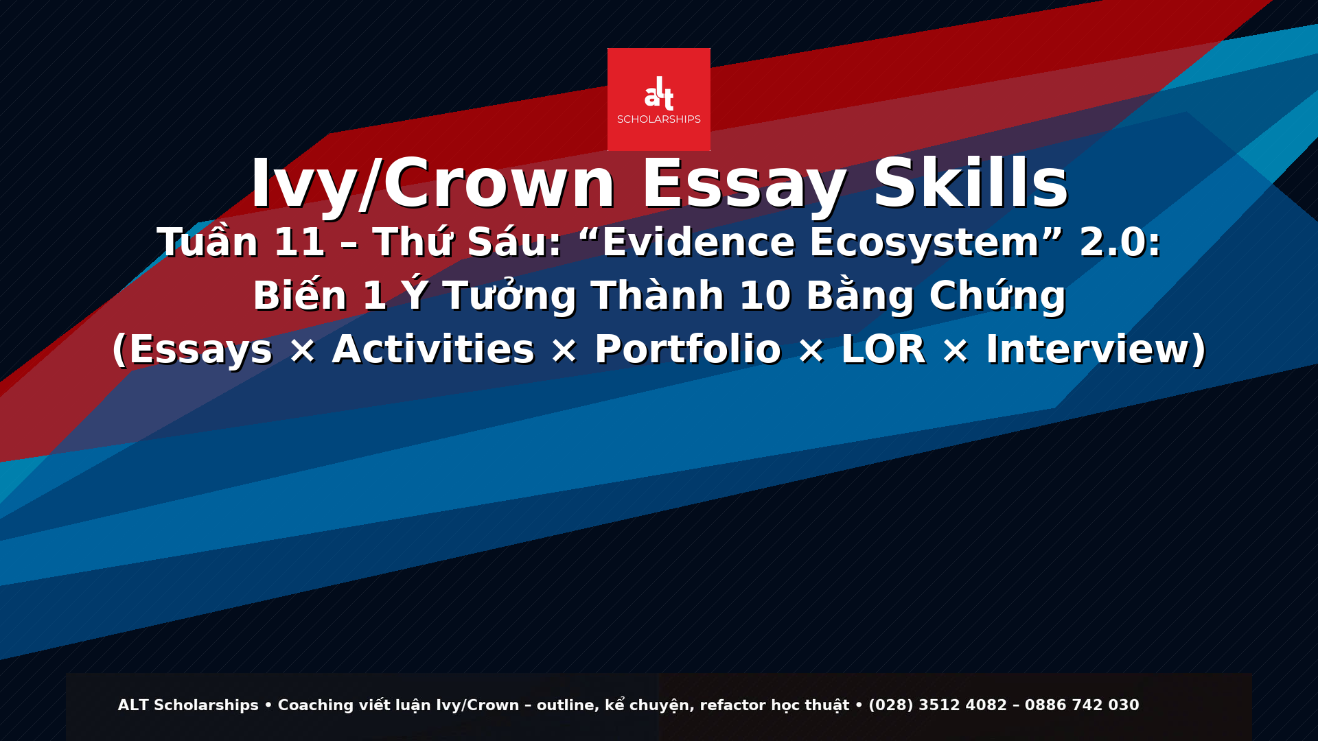 Ivy/Crown Essay Skills Tuần 11 – Thứ Sáu  “Evidence Ecosystem” 2.0: Biến 1 Ý Tưởng Thành 10 Bằng Chứng (Essays × Activities × Portfolio × LOR × Interview) — Hồ Sơ Có Spike, Có Độ Tin Tưởng, Có Quỹ Đạo