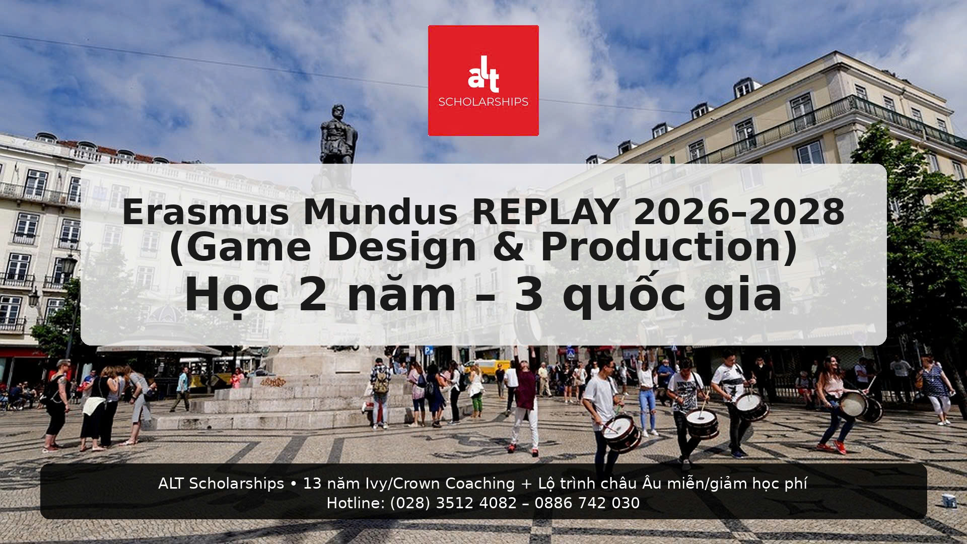 Erasmus Mundus REPLAY 2026–2028 (Game Design & Production): học 2 năm – 3 quốc gia (Bồ Đào Nha → Bỉ → Phần Lan); học bổng cover toàn bộ học phí + €1,400/tháng
