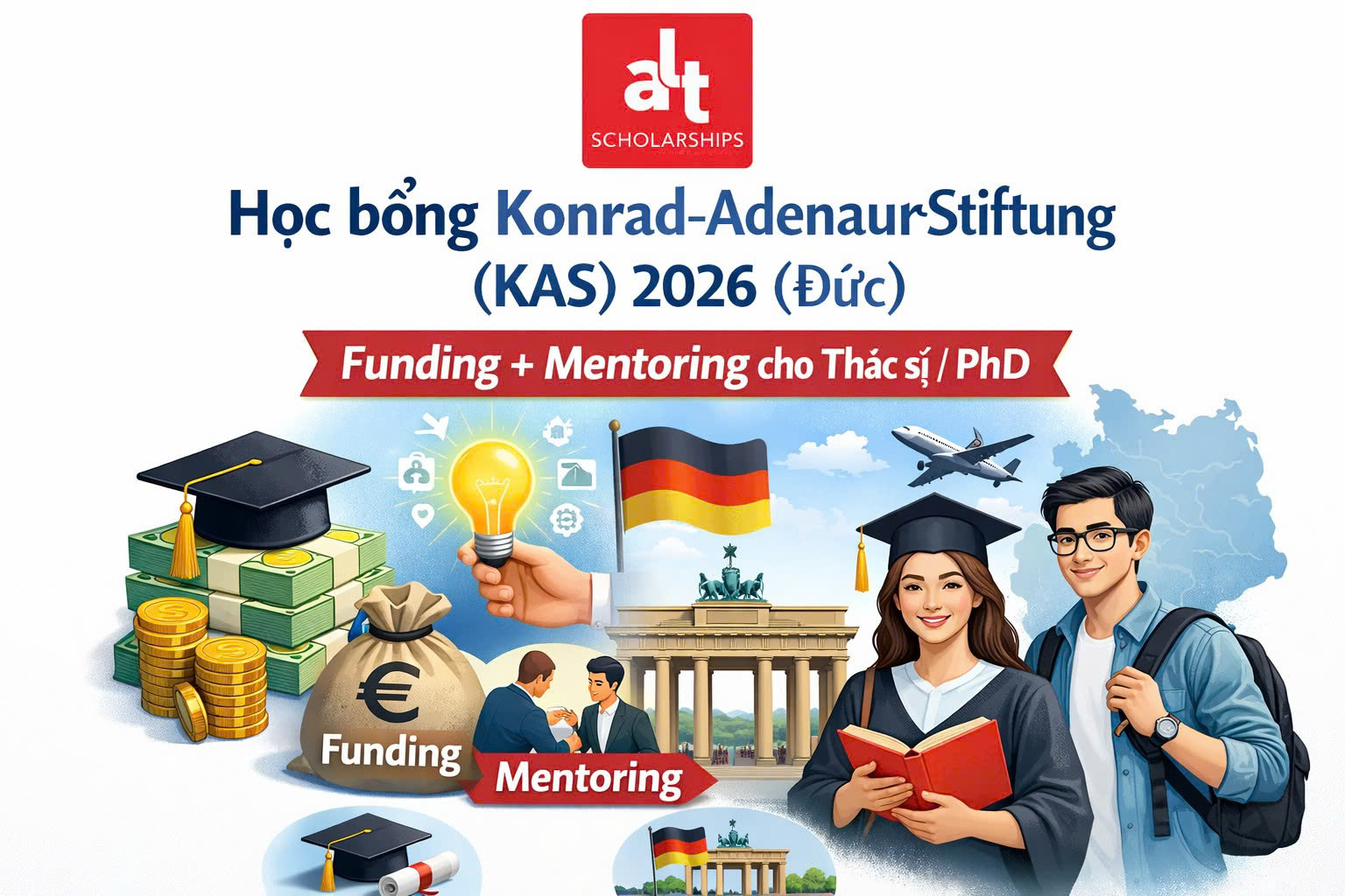 Học bổng Konrad-Adenauer-Stiftung (KAS) 2026 (Đức): Funding + Mentoring cho Thạc sĩ/PhD (ưu tiên ứng viên có B2 tiếng Đức)