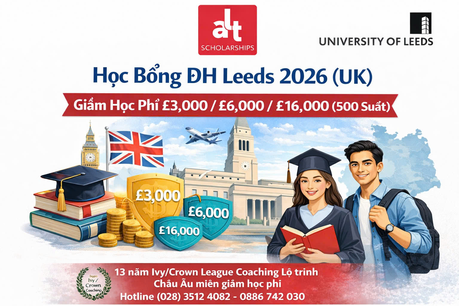Học Bổng ĐH Leeds International Excellence Scholarships 2026 (UK) — Giảm Học Phí £3,000 / £6,000 / £16,000 (500 Suất) | Deadline 15/05/2026 17:00 BST