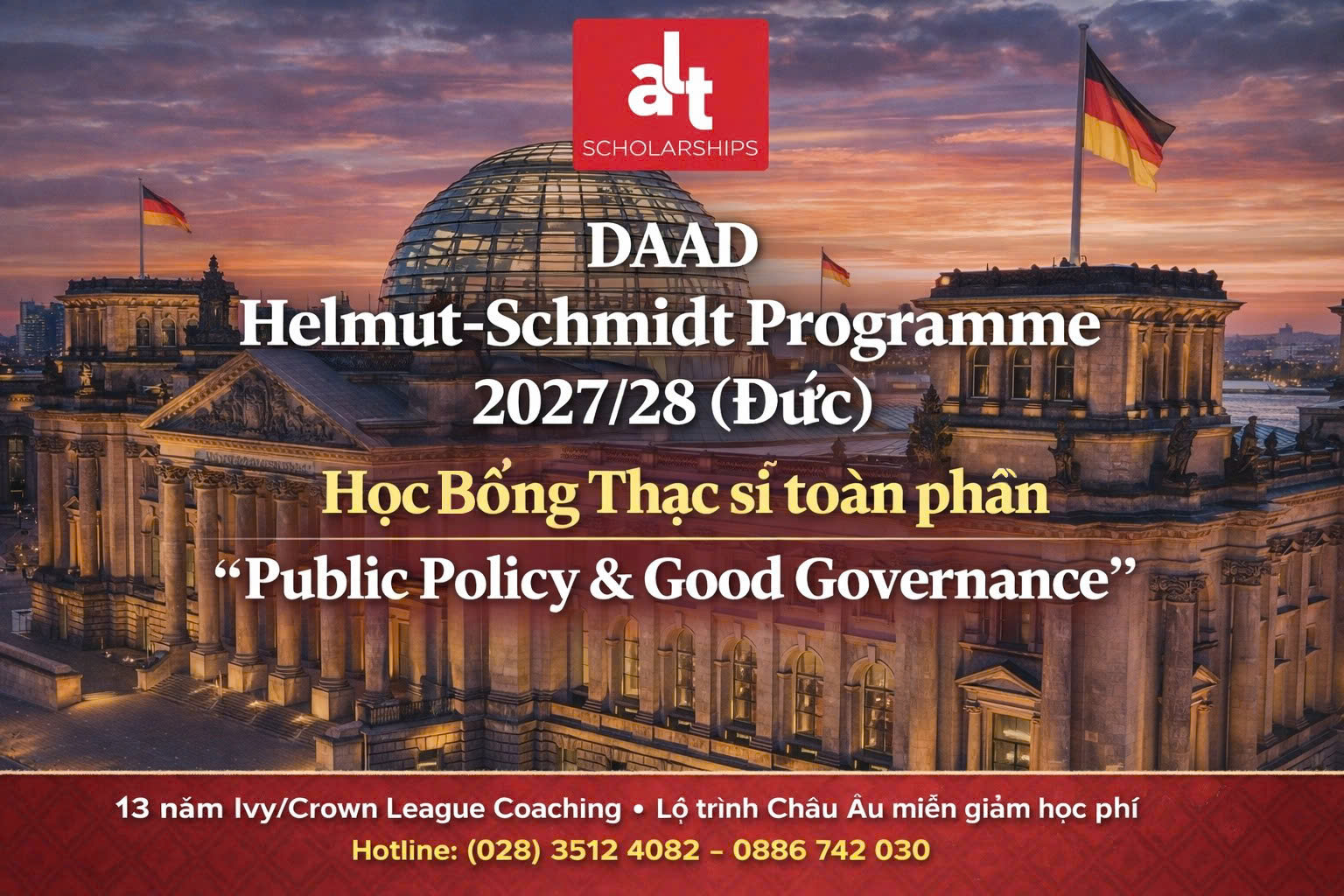 DAAD Helmut-Schmidt Programme 2027/28 (Đức): Học bổng Thạc sĩ Public Policy & Good Governance – trợ cấp €992/tháng + bảo hiểm + travel allowance | Mở cổng 01/06–31/07/2026