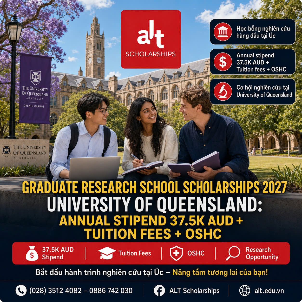 Học Bổng Tiến Sĩ/Thạc Sĩ Nghiên Cứu Tại Đại Học Queensland (Úc) 2027: Stipend 37.5K AUD/Năm + Tuition Fees + OSHC