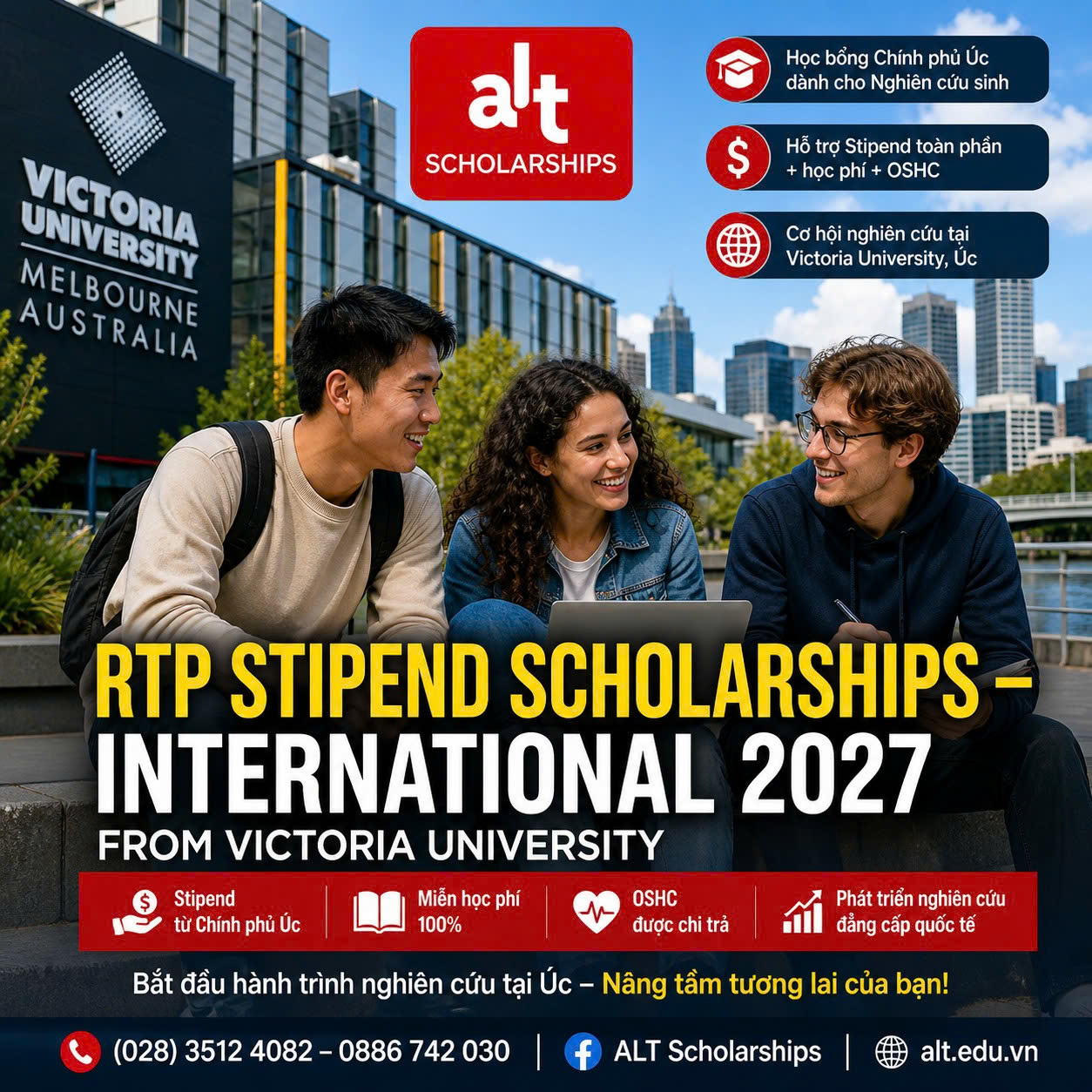 Học Bổng Nghiên Cứu Sau Đại Học (RTP) 2027 Tại Đại Học Victoria (Úc): Tuition Fee Offset + Stipend + OSHC Cho Ứng Viên Phd Quốc Tế, Hạn 13/09/2026.