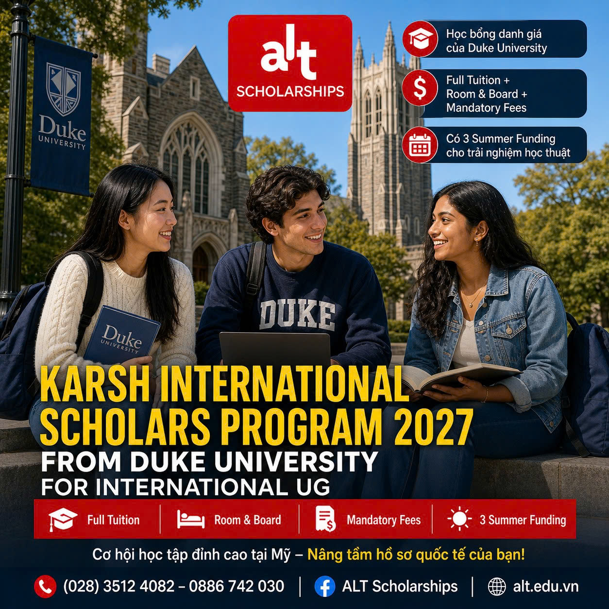 Karsh International Scholars Program 2027 Tại Duke University: Full Tuition + Room & Board + Mandatory Fees + 3 Mùa Hè Funding Cho Ứng Viên Cử Nhân Quốc Tế.