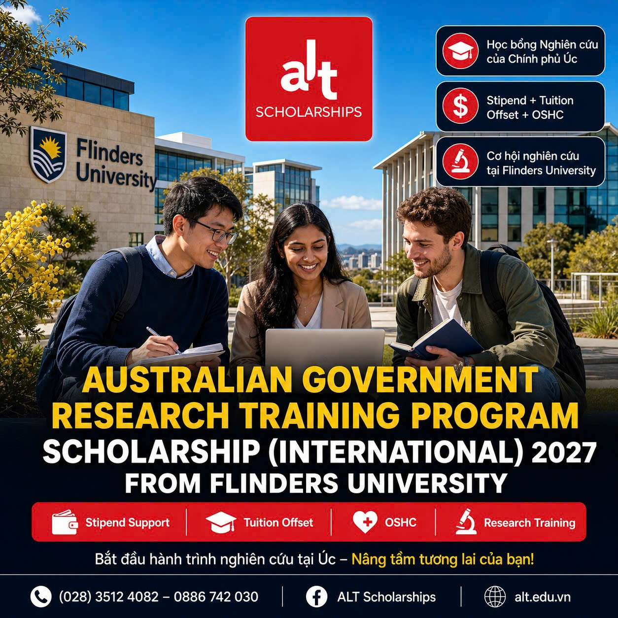 Australian Government Research Training Program Scholarship (International) 2027 Tại Flinders University: Stipend A$36,061/Năm + Tuition Fee Offset + OSHC Cho Ứng Viên Phd Quốc Tế.