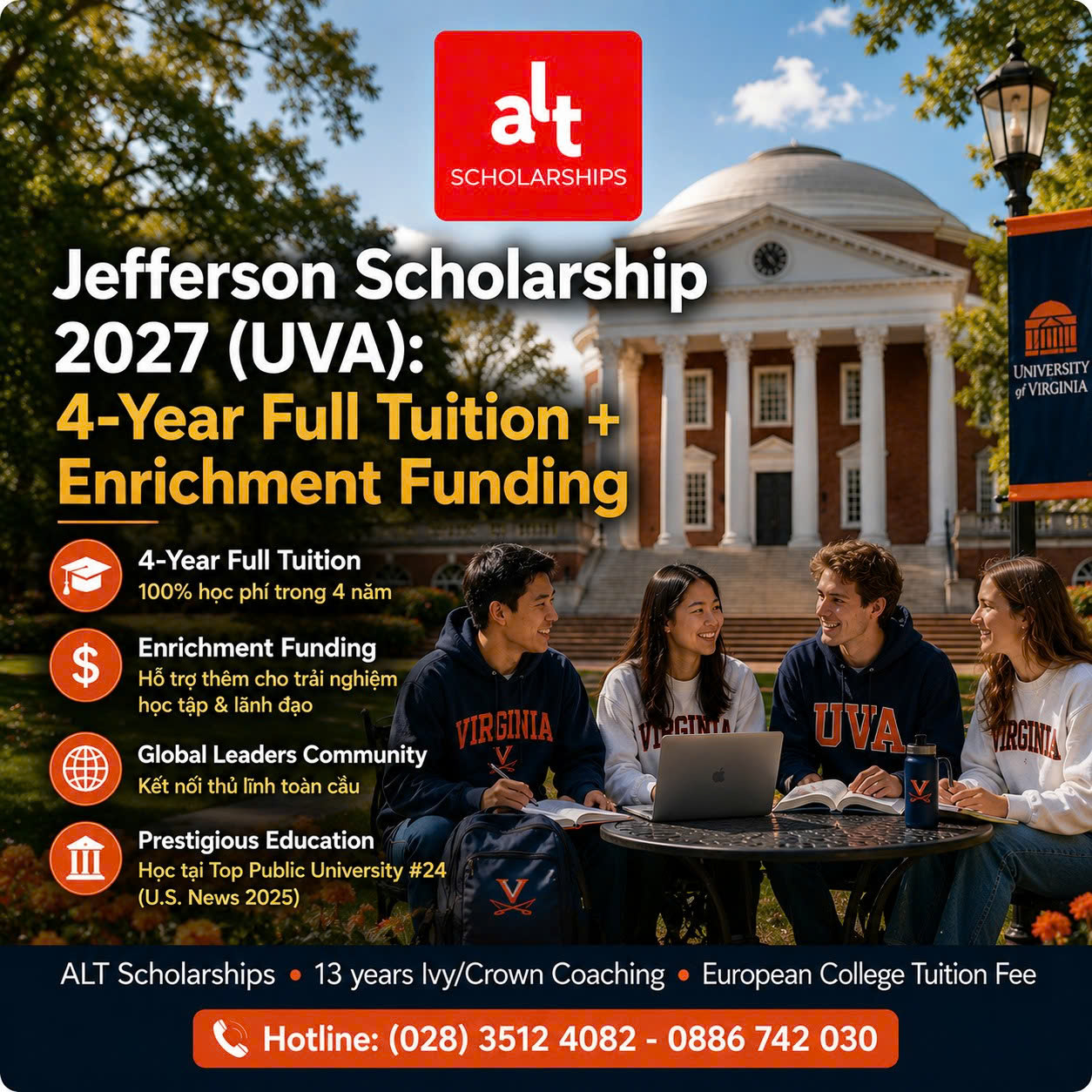 Jefferson Scholarship 2027 Tại University Of Virginia: Toàn Bộ Học Phí 4 Năm + Enrichment Funding Cho Ứng Viên Cử Nhân Xuất Sắc