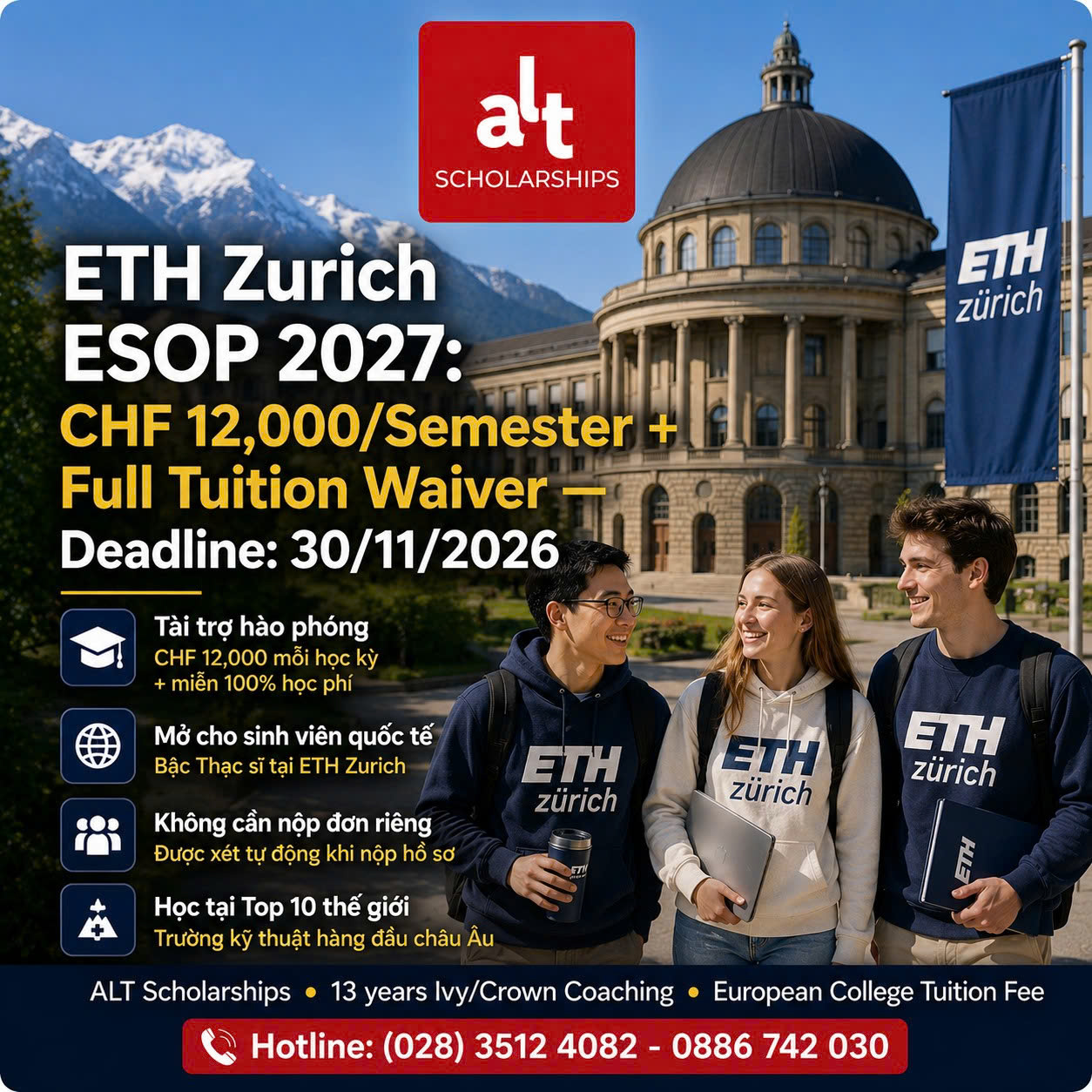 ETH Zurich ESOP 2027: Học Bổng Thạc Sĩ Thụy Sĩ CHF 12,000/Kỳ + Miễn Toàn Bộ Học Phí, Deadline 30/11/2026