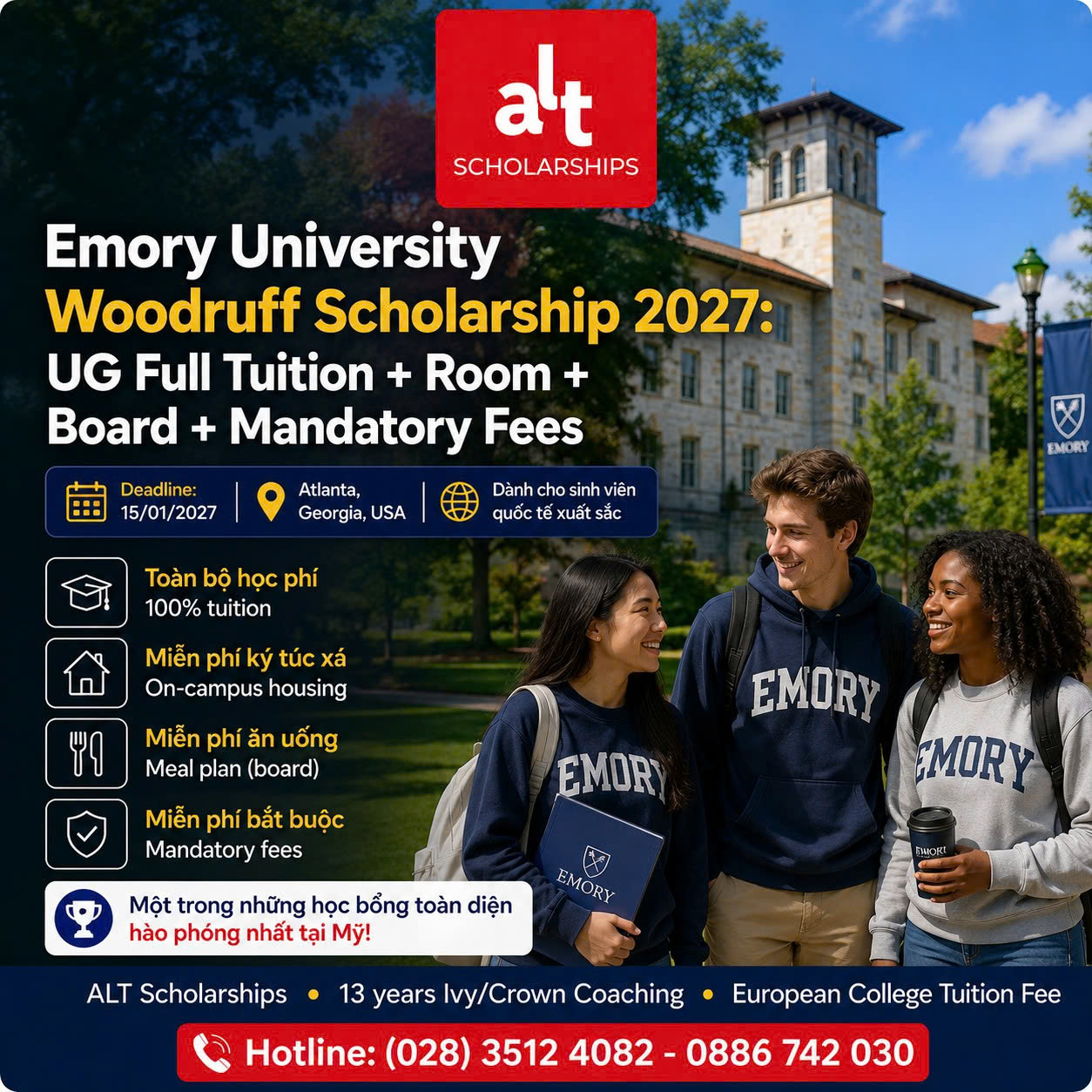 Emory University Woodruff Scholarship 2027: Học Bổng UG Full Tuition + Room + Board + Mandatory Fees Cho Ứng Viên Cử Nhân Xuất Sắc