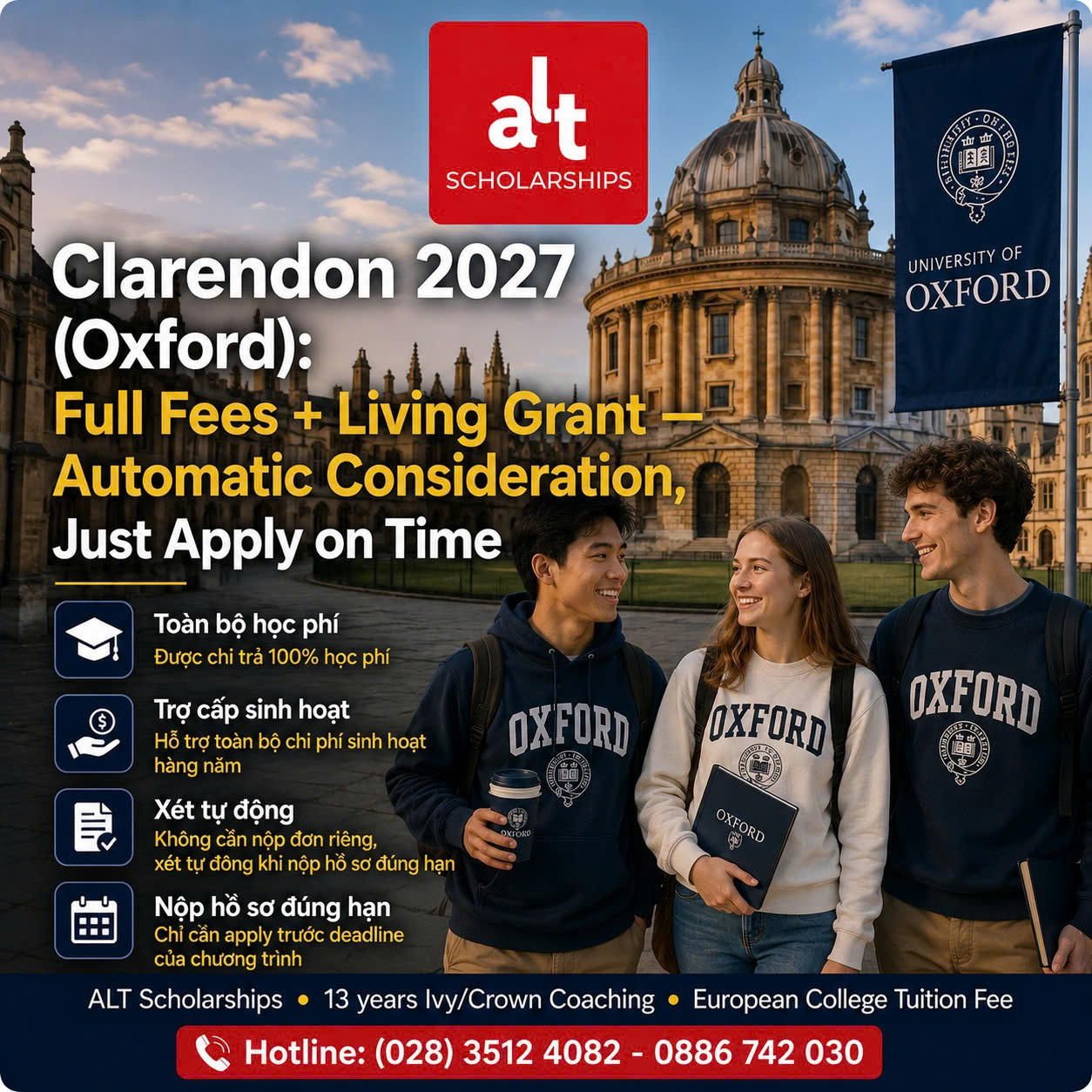 Clarendon Scholarship 2027 Tại University Of Oxford: Học Bổng Master/Dphil Cover Course Fees + Living Grant, Tự Động Xét Khi Nộp Đúng Deadline