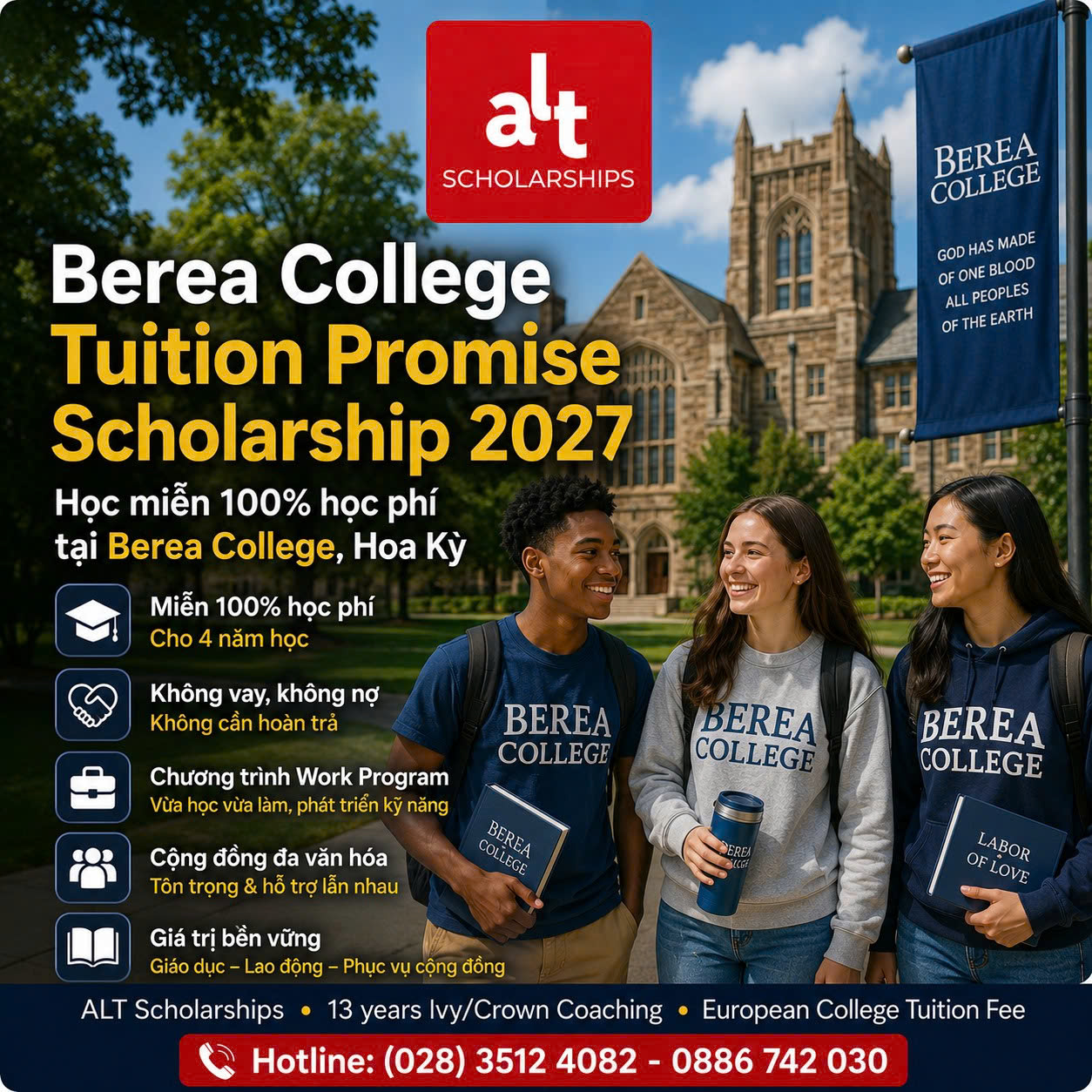 Berea College Tuition Promise Scholarship 2027: Cử Nhân Mỹ Không Thu Học Phí + 100% Funding Năm Đầu Cho Sinh Viên Quốc Tế