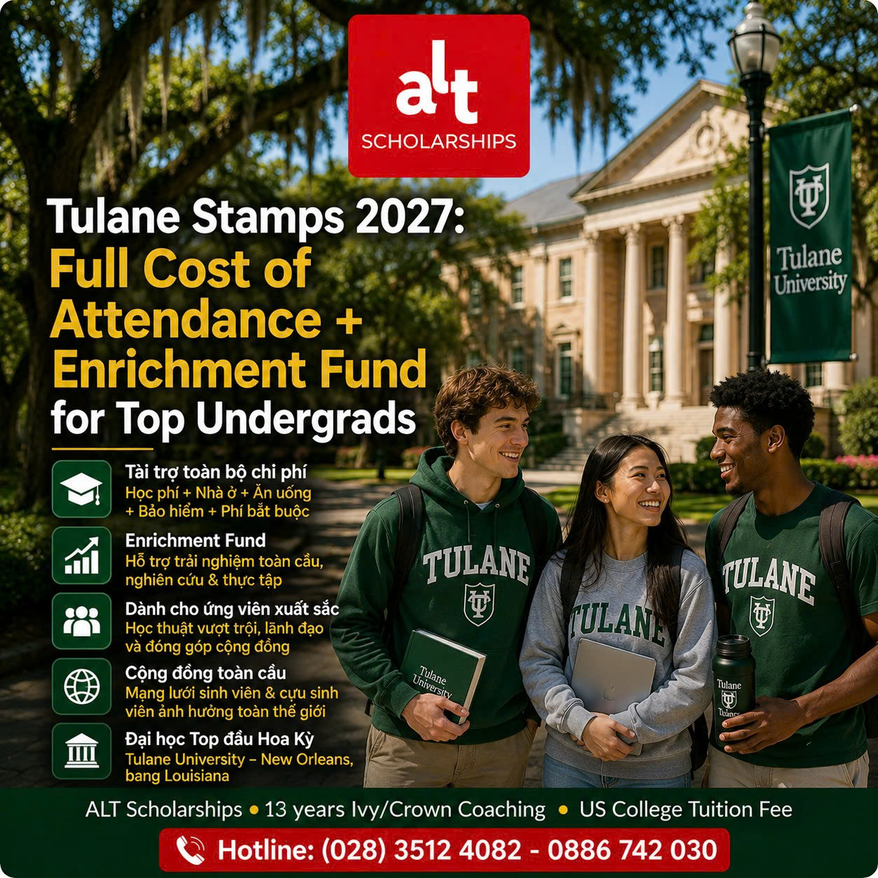 Tulane Stamps Scholarship 2027: Học Bổng Cử Nhân Toàn Phần Cho Ứng Viên Xuất Sắc