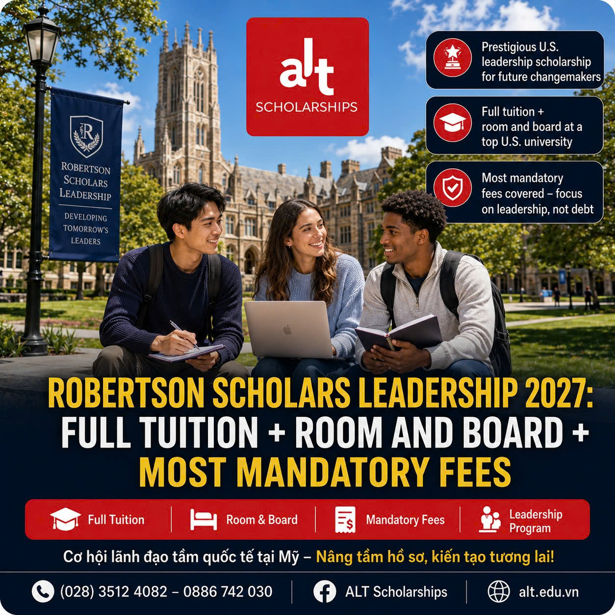 Học Bổng Robertson Scholars Leadership 2027: Full Tuition + Room And Board + Most Mandatory Fees Cho Ứng Viên Cử Nhân Quốc Tế Nhắm Duke Hoặc UNC.