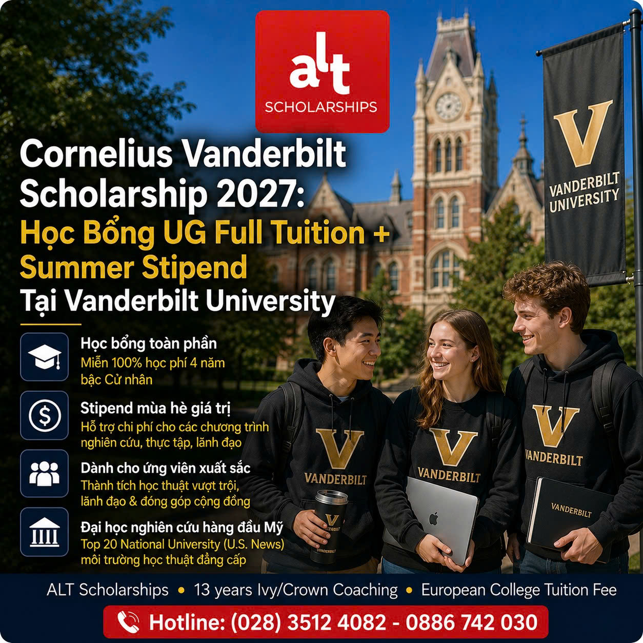 Cornelius Vanderbilt Scholarship 2027: Học Bổng UG Full Tuition + Summer Stipend Tại Vanderbilt University
