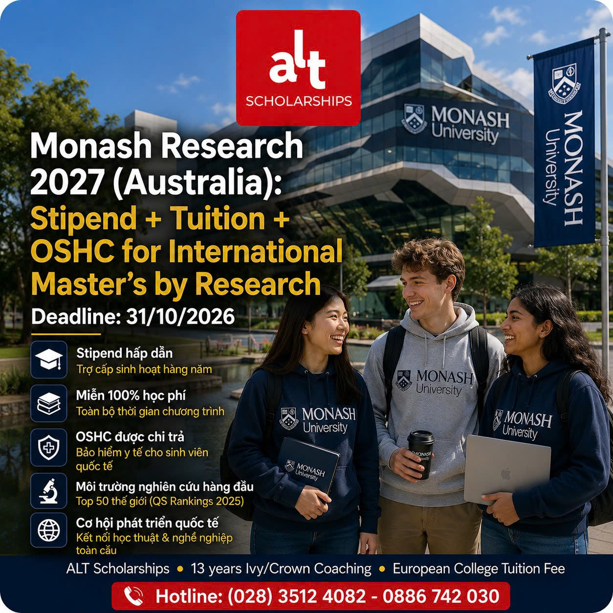 Monash Graduate Research Scholarships 2027: Master By Research Tại Úc Với Stipend, Tuition Scholarship Và OSHC Cho Ứng Viên Quốc Tế