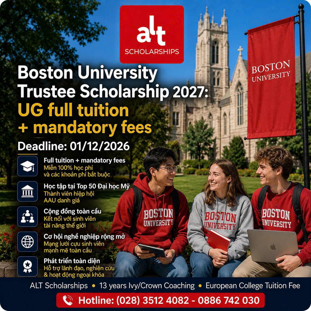 Boston University Trustee Scholarship 2027: Học Bổng UG Full Tuition + Mandatory Fees Cho Ứng Viên Quốc Tế Nộp Trước 01/12/2026