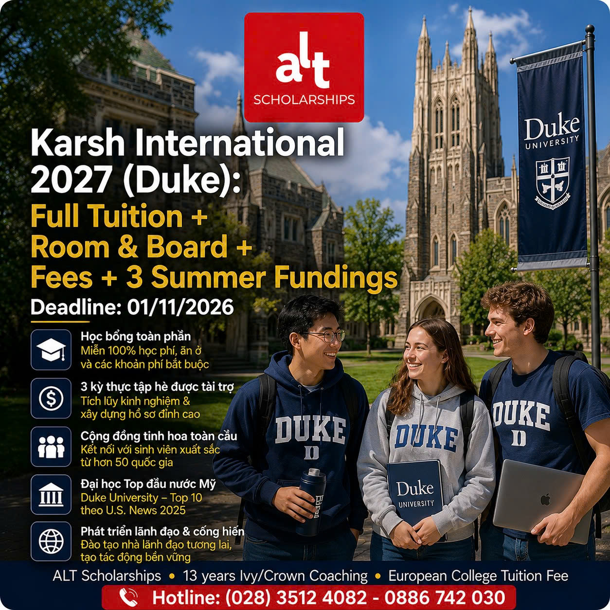 Karsh International Scholarship 2027 Tại Duke University: Học Bổng UG Cho Sinh Viên Quốc Tế Cover Tuition, Room & Board, Mandatory Fees + 3 Mùa Hè Funding