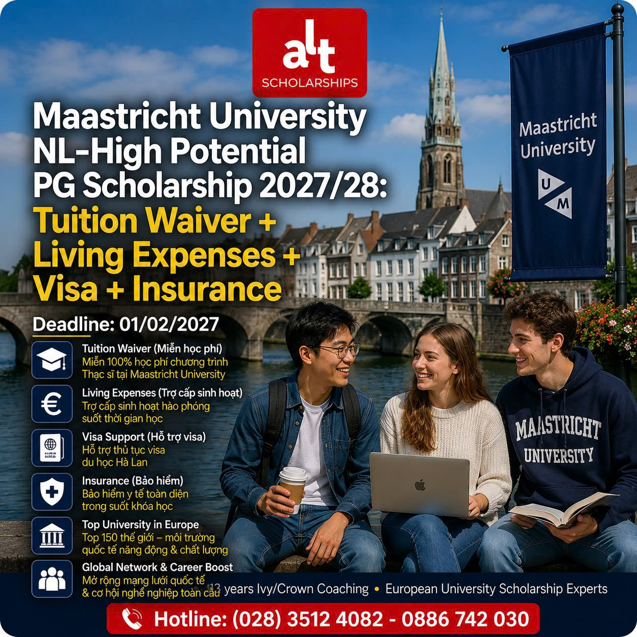 Maastricht University NL-High Potential Scholarship 2027/28: Học Bổng Master Hà Lan Gồm Tuition Waiver + Living Expenses + Visa + Insurance