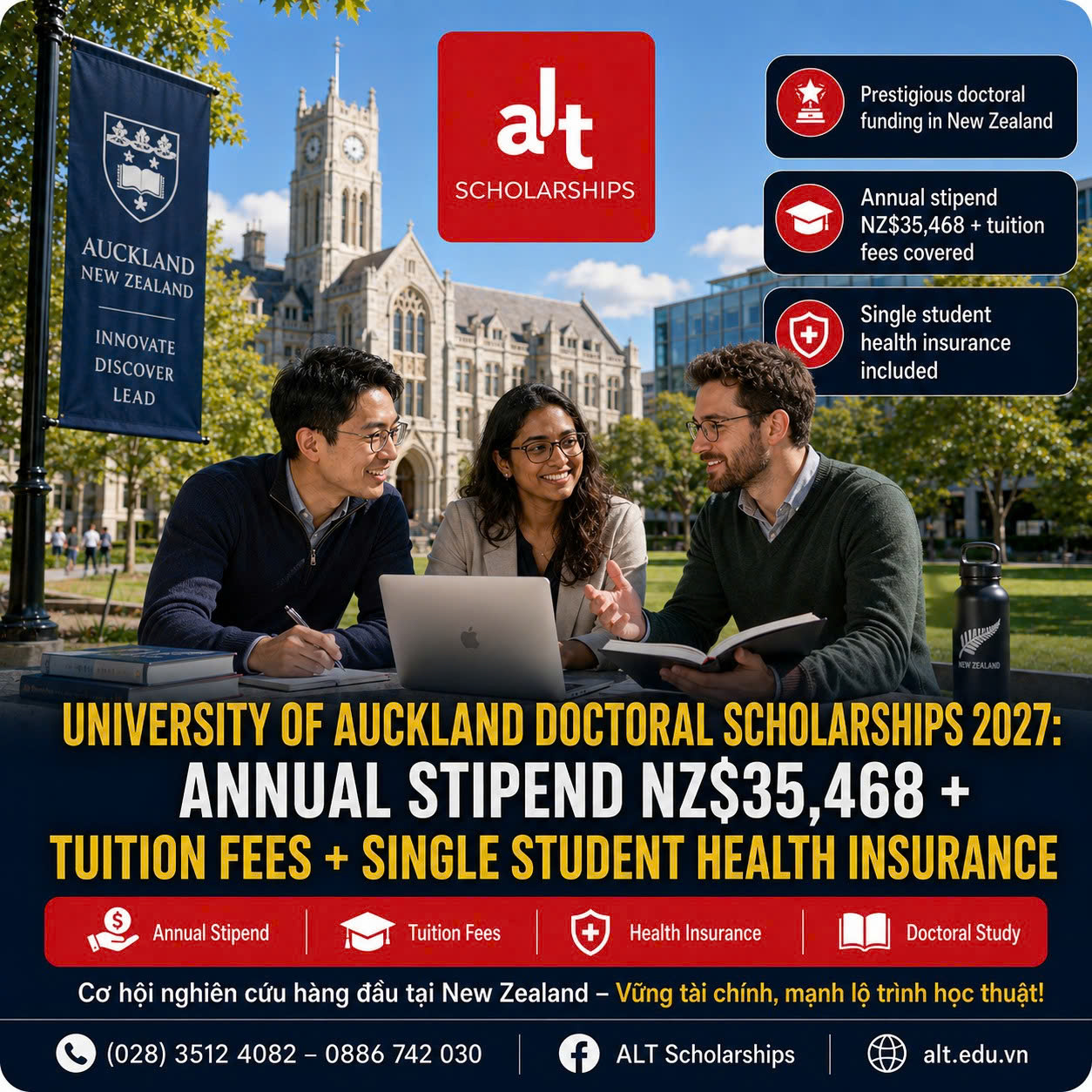Học Bổng Tiến Sĩ Đại Học Auckland 2027: Stipend NZ$35,468/Năm + Tuition Fees + Single Student Health Insurance, Round Gần Nhất Hạn 01/08/2026.