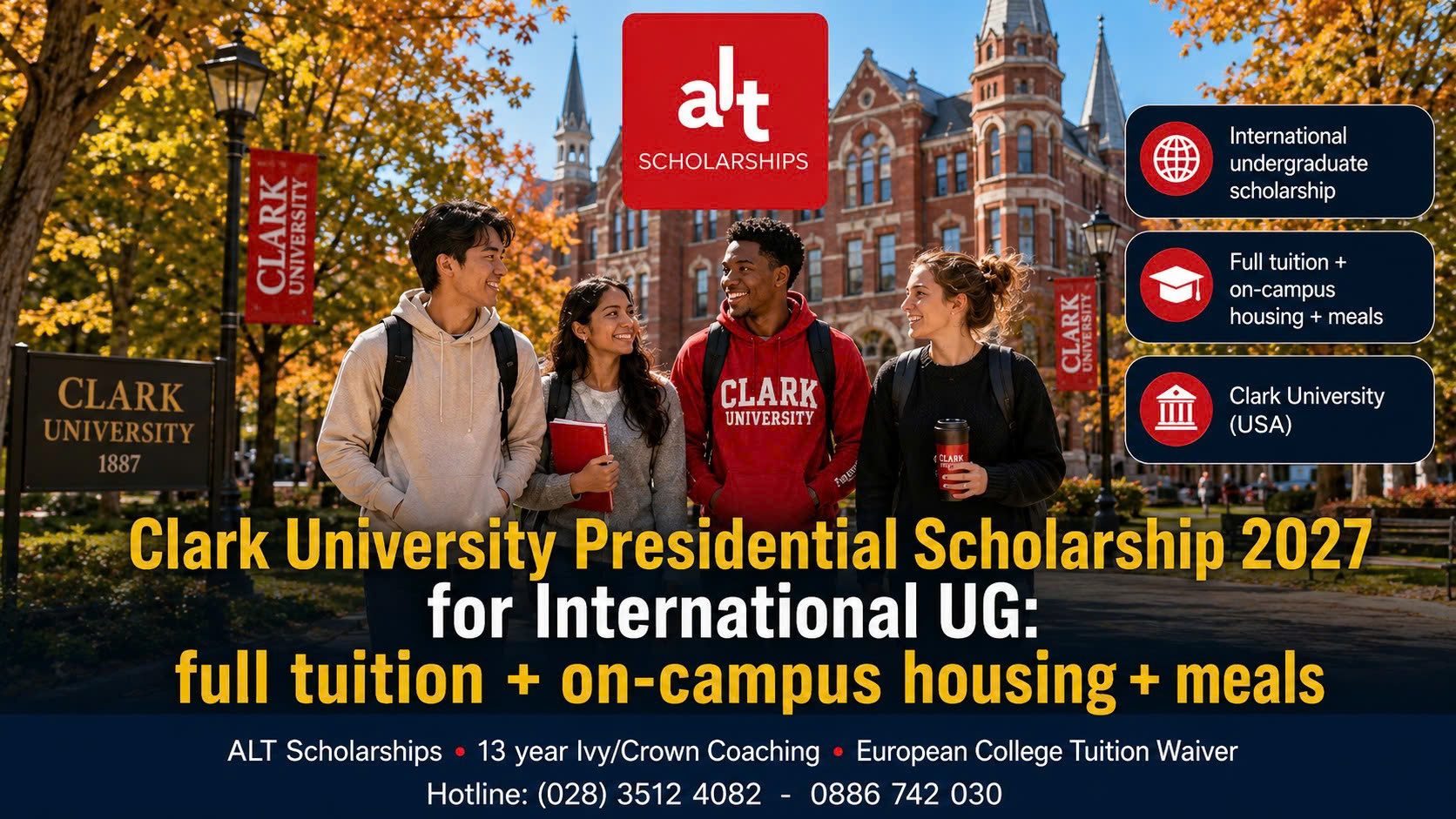 Học Bổng Clark University Presidential Scholarship 2027: Học Phí + Ký Túc Xá + Tiền Ăn Cho Ứng Viên Cử Nhân Quốc Tế Được Xét Tự Động Khi Nộp Hồ Sơ.