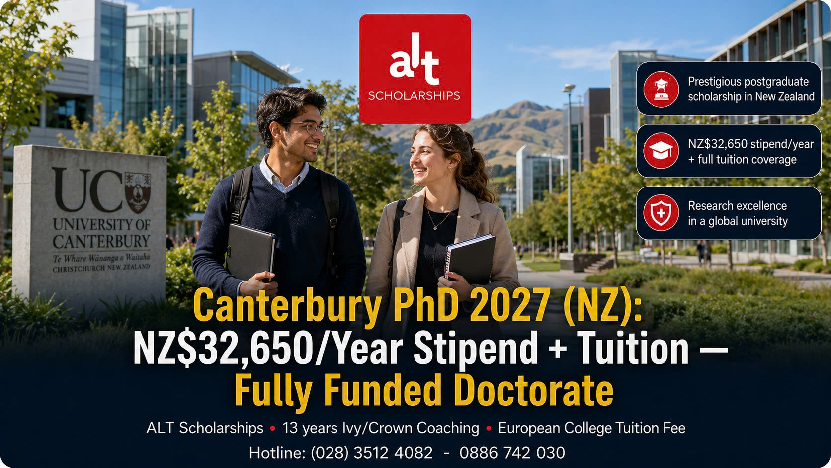 Học Bổng Tiến Sĩ 2027 Tại Đại Học Canterbury (New Zealand): Stipend NZ$32,650/Năm + Học Phí Cho Ứng Viên Phd Nộp Trong Round Mở 20/08–15/10/2026.