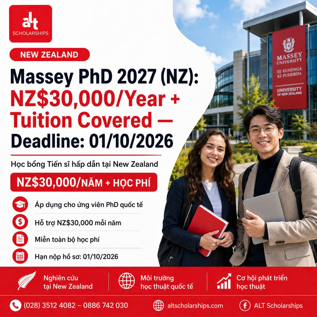 Học Bổng Tiến Sĩ Đại Học Massey (New Zealand) 2027: NZ$30,000/Năm + Học Phí Cho Ứng Viên Phd/Doctorate, Hạn 01/10/2026.